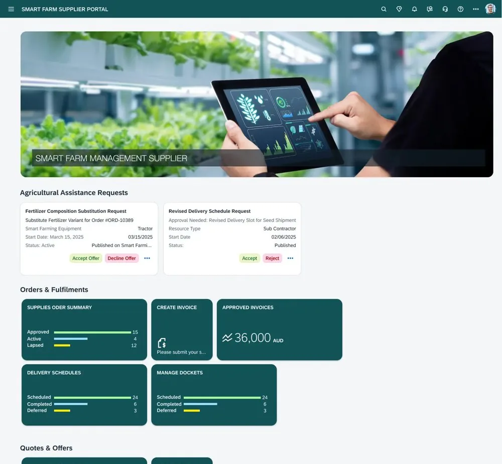 Agriculture supplier portal dashboard